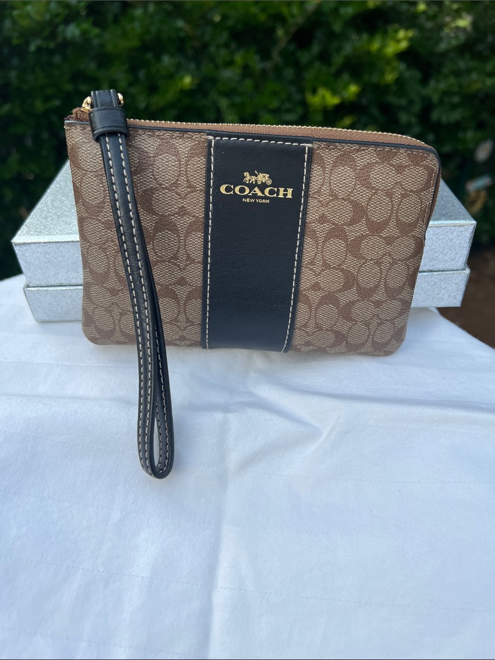 Coach Brown Signature Canvas Wristlet with Black Center Stripe